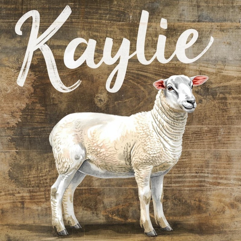 Hand-lettered &lsquo;Kaylie&rsquo; sign with a white sheep on weathered barn wood